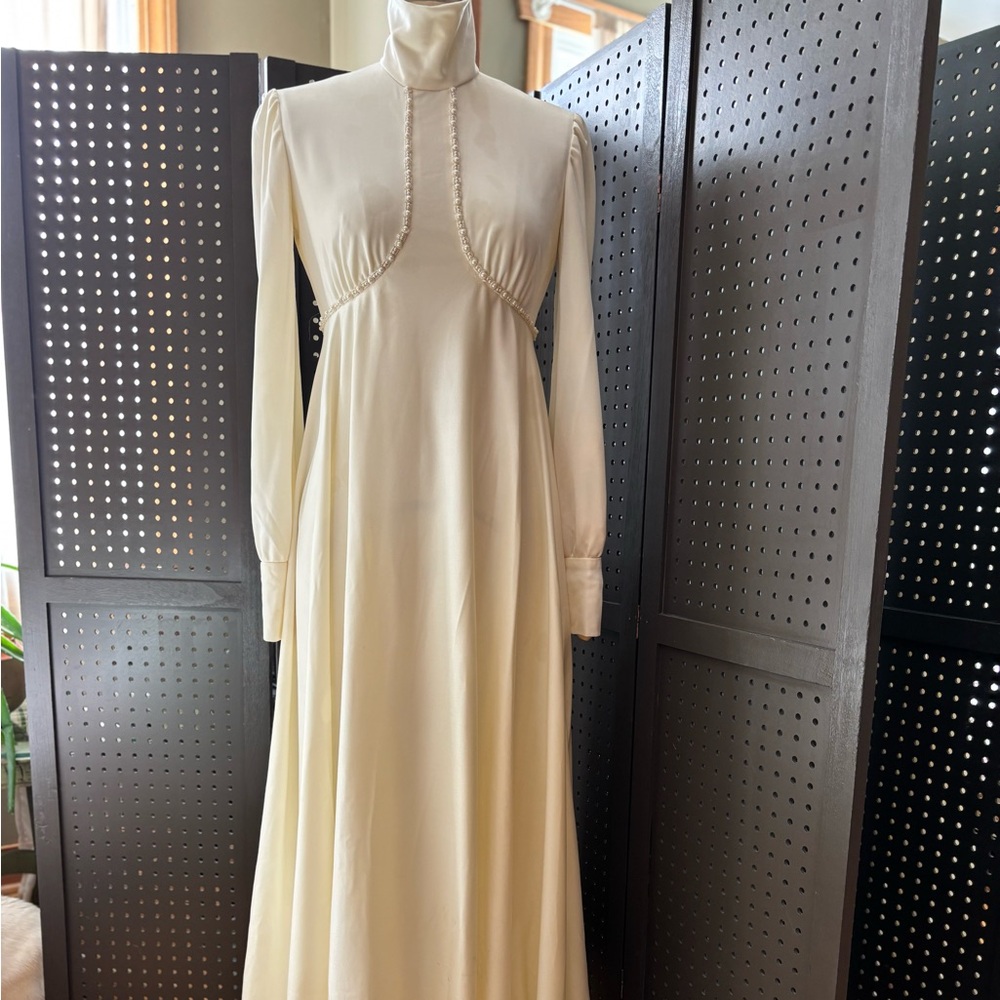 Elegant Cream Long Sleeve Gown, Beautiful Beading